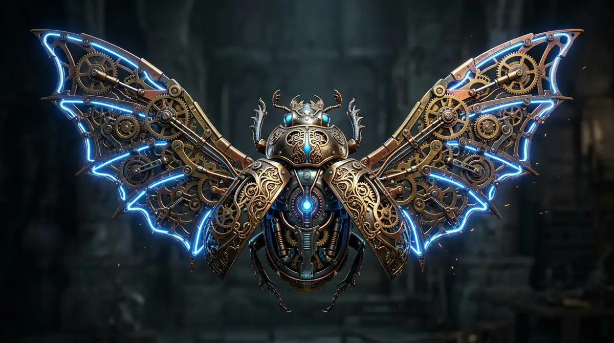 Ornate mechanical scarab wings