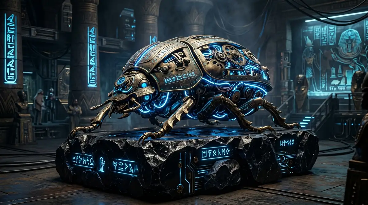 Giant brass scarab beetle with glowing circuits