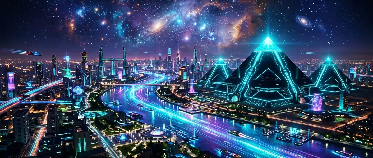 Cyber-Pyramid city along a digital river Nile
