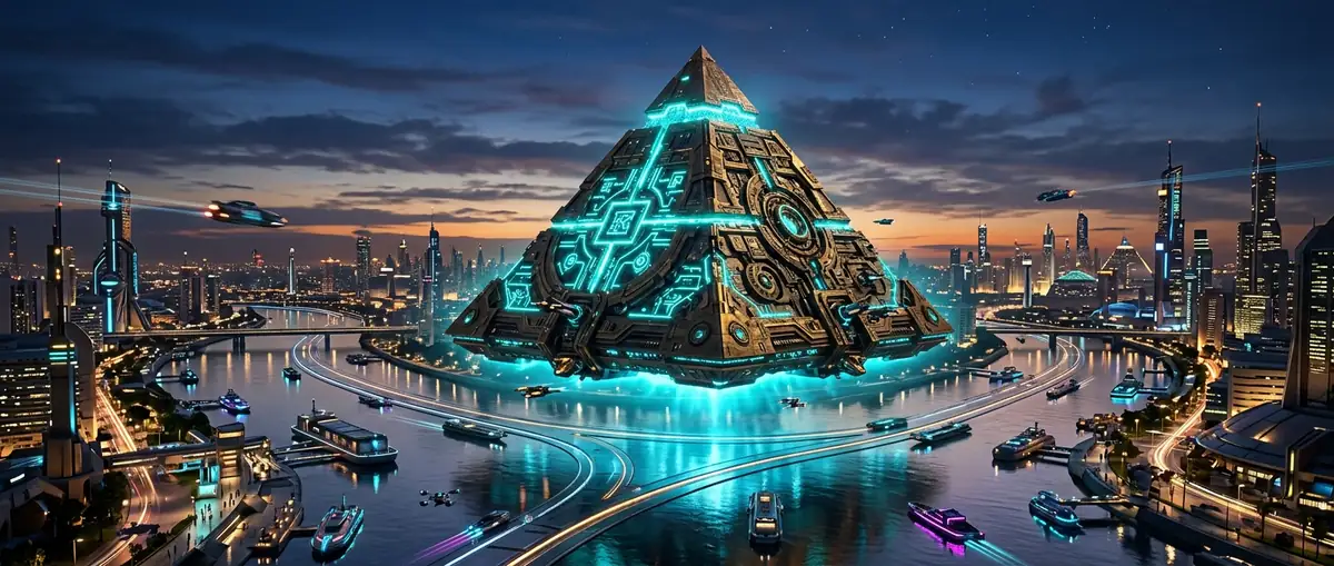 Glowing mechanical pyramid floating over the Nile