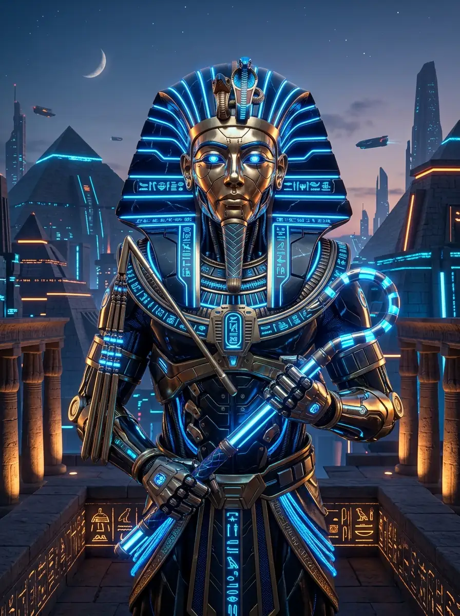 Cyborg pharaoh wearing glowing neon fiber optics