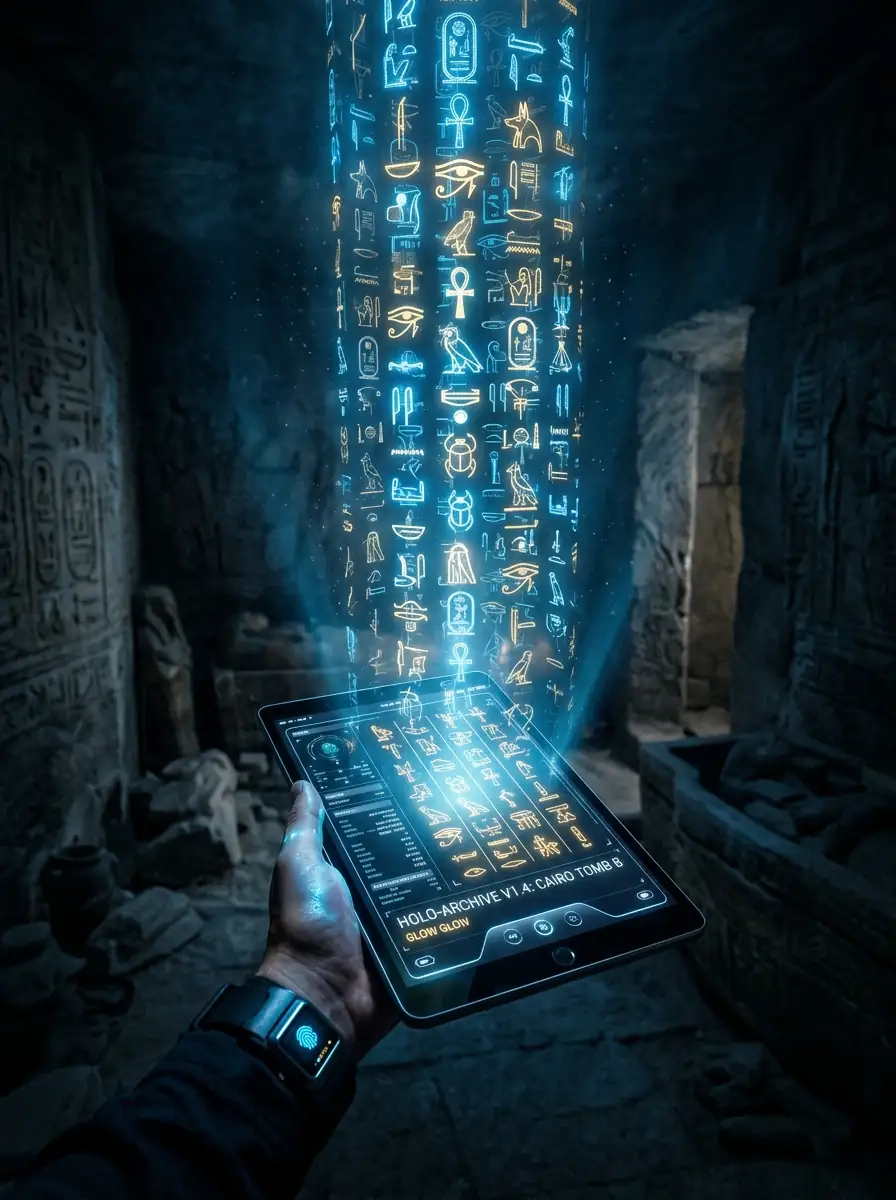 Holographic hieroglyphs projecting from a tablet